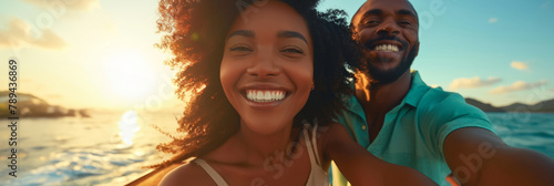 Happy smiling African American young people taking selfie against sea background, beach holiday with friends, banner