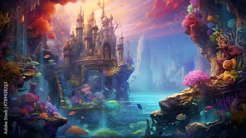 Fantasy underwater world. Colorful fantasy landscape. Digital painting.