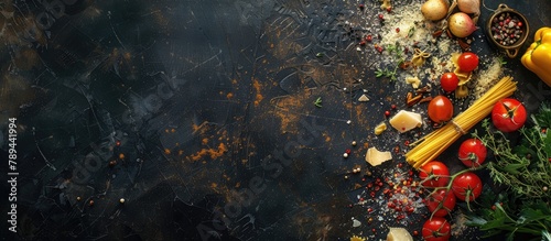 Italian cuisine or ingredients backdrop featuring fresh veggies, pasta, Parmesan cheese, and aromatic spices. Overhead perspective with empty space for text. Dark surface.