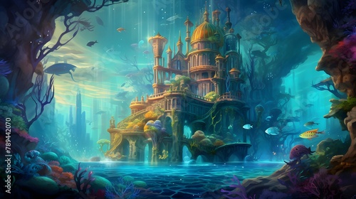 Cartoon underwater world with fishes and a castle. Fantasy landscape.