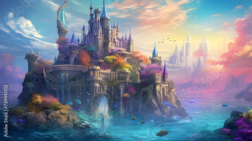 Fantasy landscape with fantasy castle on the ocean. Digital painting.