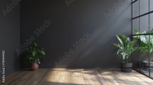 An interior room with a minimalist black empty wall, warm wood floor parquet, lush green plants, and a large window