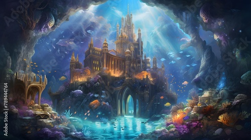 Fantasy landscape with castle in underwater world. Fairy tale illustration.