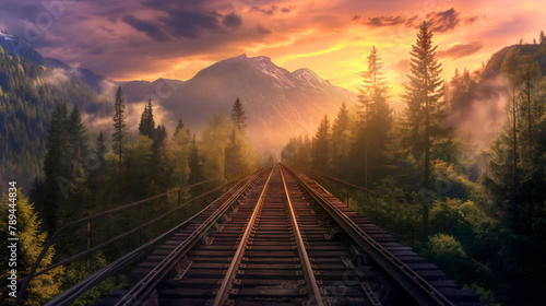 Sunset or sunrise over the misty foggy cloudy mountains and forest trees surrounding the railway bridge, rural destination trip or journey, morning dawn of the day