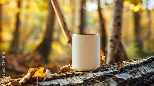 Blank white metal mug mockup template with yellow autumn forest background or backdrop. Empty space for logo or branding. Enamel cup, hunting product design advertising and promotion outdoors