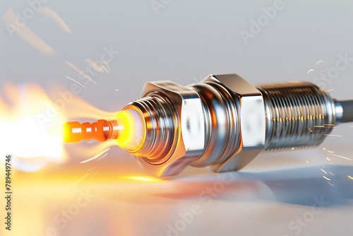 A spark plug igniting on a white background.