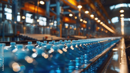 Drinking water being canned on a conveyor belt in a large industrial plant, close-up view