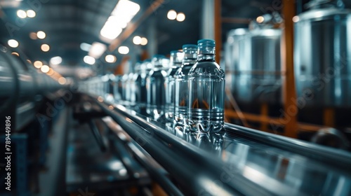 Drinking water being canned on a conveyor belt in a large industrial plant, close-up view