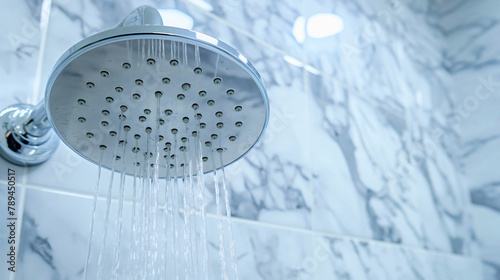 Closeup of water droplet coming out of shower head jet in bathroom shower. Home clean wash hygiene background, hotel hot or cold, refreshing stream falling, copy text space, marble wall tiles, nobody