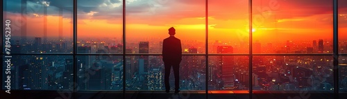 Phoenix and a visionary businessman on a rooftop, overlooking a skyline at dawn, symbol of new beginnings