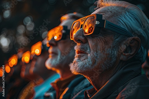 Group of people watching solar eclipse through safe solar viewing glasses.