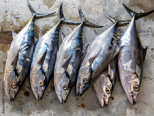 A group of tuna fish on a concrete floor.