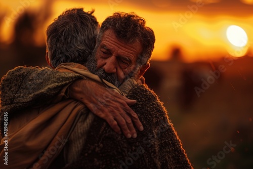 Father embracing his son, Bible story of the prodigal son.