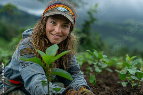 A volunteer planting native trees in a reforestation project, restoring ecosystems and combating deforestation