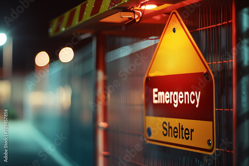Yellow emergency shelter sign on metal fence at night with blurred background