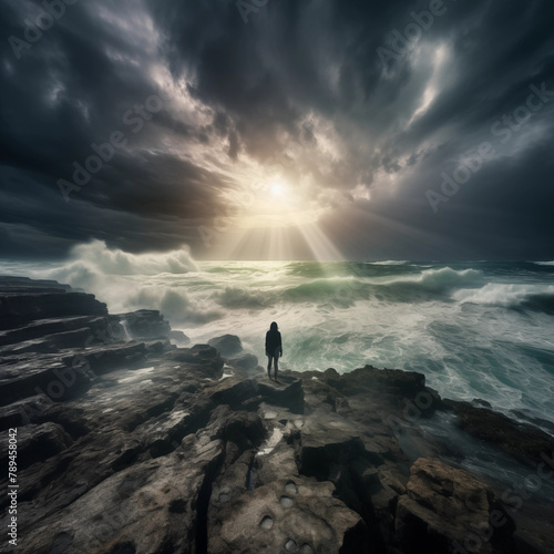 Woman standing on coast of storm sea