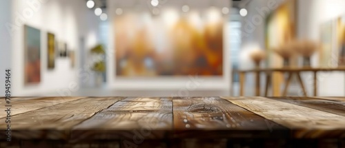 Vintage wooden table placed within interior gallery space, illuminated by ceiling lights, with blurred artistic paintings in background. Ideal for promoting art, crafts, social gatherings, exhibitions