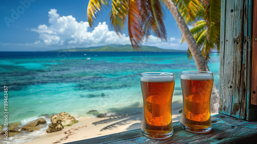 Two glasses of beer on the beach at Seychelles. generativa IA