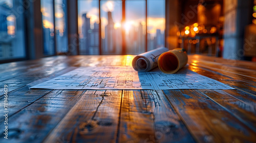 Set of detailed construction drawings lay on a wooden table with safely helmet in a evening sundown 