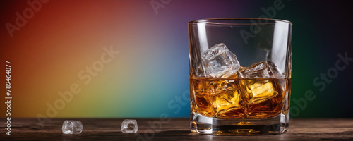 A transparent glass with whiskey and ice cubes stands on a wooden table. Light scattered rainbow background.