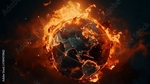 A close-up view of a carbonized Earth globe disintegrating amidst flames, resting on glowing embers to symbolize global warming's devastation