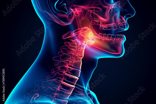 Medical Illustration of Human Cervical Spine. 3D rendered illustration of a human cervical spine highlighted to show neck pain.