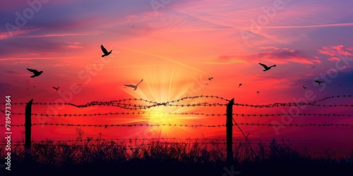 Birds soaring over barbed wire in a vibrant dawn, representing hope and freedom