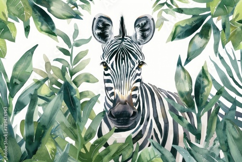 A painting of a zebra surrounded by leaves, ideal for nature-themed designs