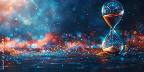 An hourglass timer with blue and orange sparkles in the background copy space text