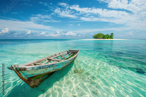 beautiful tropical island with clear water and wooden boat