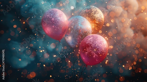 Abstract graphic of a birthday balloon bursting with sparks and glitter, 4k, ultra hd