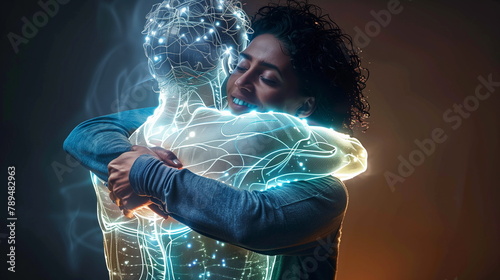 Arab woman hugging a man made of transparent glowing body. Long distance relationships; online psychological help; artificial intelligence support; concept