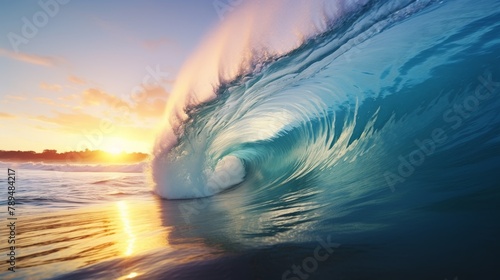 Photo-realistic depiction of a towering blue wave on a tropical beach at sunrise, showcasing the beauty and power of nature in surfing paradise