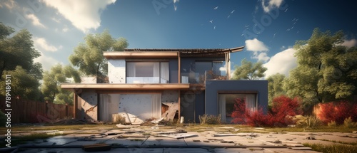 Realistic 3D visualization of a minimalist house with a giant foreclosure notice, personal crisis,