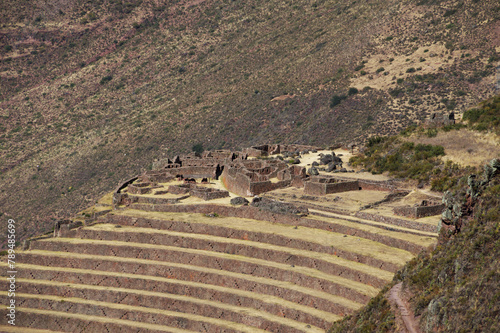 Complex of well-preserved ruins in section of the citadel of Pisac in Peru