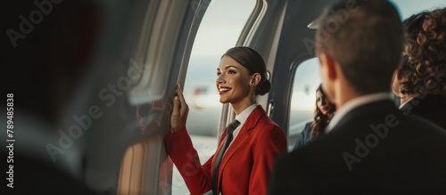 smiling stewardess on the passenger plane