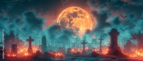 This is a spooky cemetery at night, with a moon and clouds, and bats - Includes a 3D illustration of the cemetery