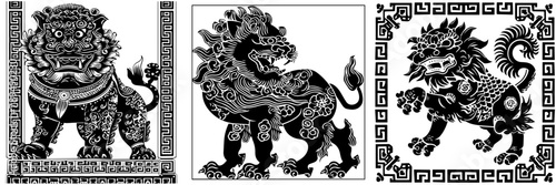 Black and white silhouette of Chinese lion