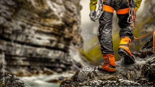 Close-up of a thigh climber with equipment on a belt, stands on a rock. digital ai art 