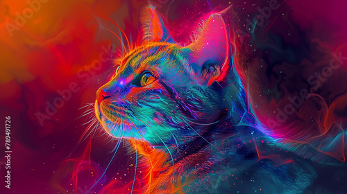 AI Generated A dada graphic design, painting with bright colors of a Neon cat of galaxy Photo background