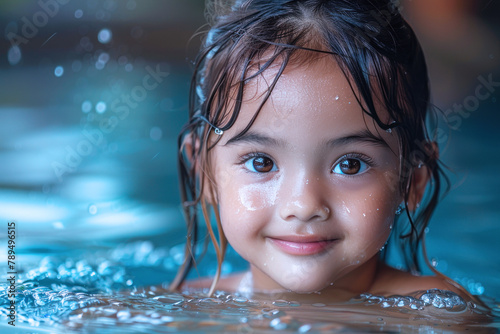 Malay little girl swims having fun with water splash at swimming pool