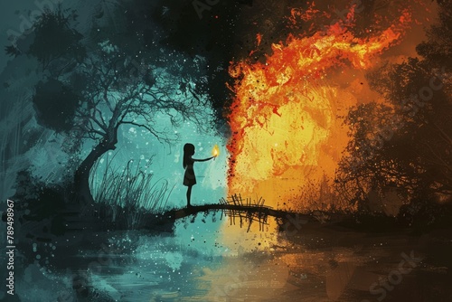 Silhouetted against a mystical landscape, a girl holds a flaming matchstick to a tree, setting off a dramatic burst of fire and contrasting cool blues.