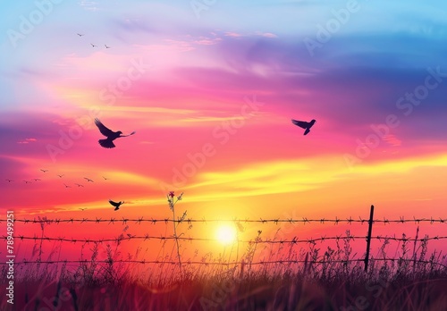Birds soaring over barbed wire in a vibrant dawn, representing hope and freedom