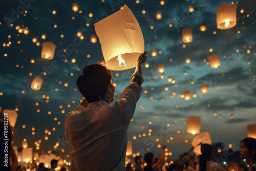Asian people releasing Chiang Mai lanterns into the sky, making a breathtaking spectacular view at the Night Sky Lantern Festival.