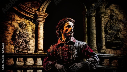 The Shakespearean Soliloquy, Amidst the grandeur of a Renaissance-era castle, an actor delivers a stirring Shakespearean soliloquy. Generated AI.