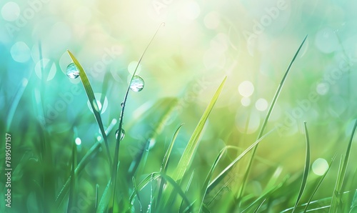 Capture a striking close-up of a delicate dewdrop on a single blade of grass, showcasing the beauty in simplicity with watercolor medium