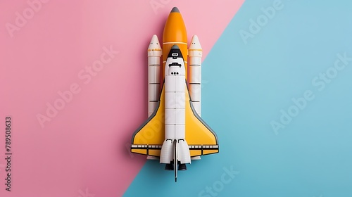 Take off yellow space shuttle or rocket on pink and blue background