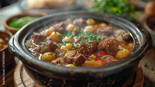 A large pot of stew with meat and vegetables. The stew is steaming and has a rich, savory aroma