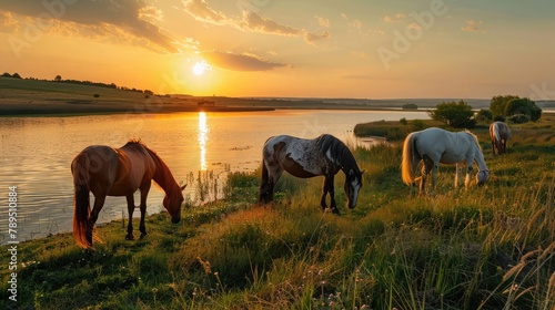 View of horses along the Elton Lake at sunset, Volgograd oblast,