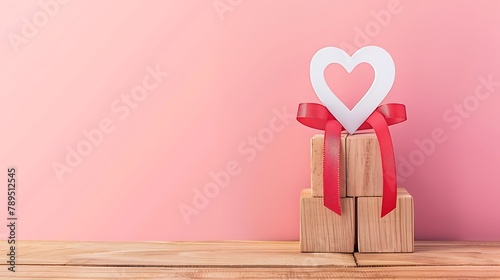 uncompleted red ribbon icon in white heart shape on wooden cube blocks with sweet pink background